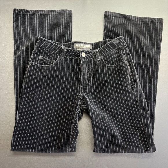 Vintage Guess Authentic Stretch Black Striped Velvet Flare Pants Womens 24 - Picture 1 of 11